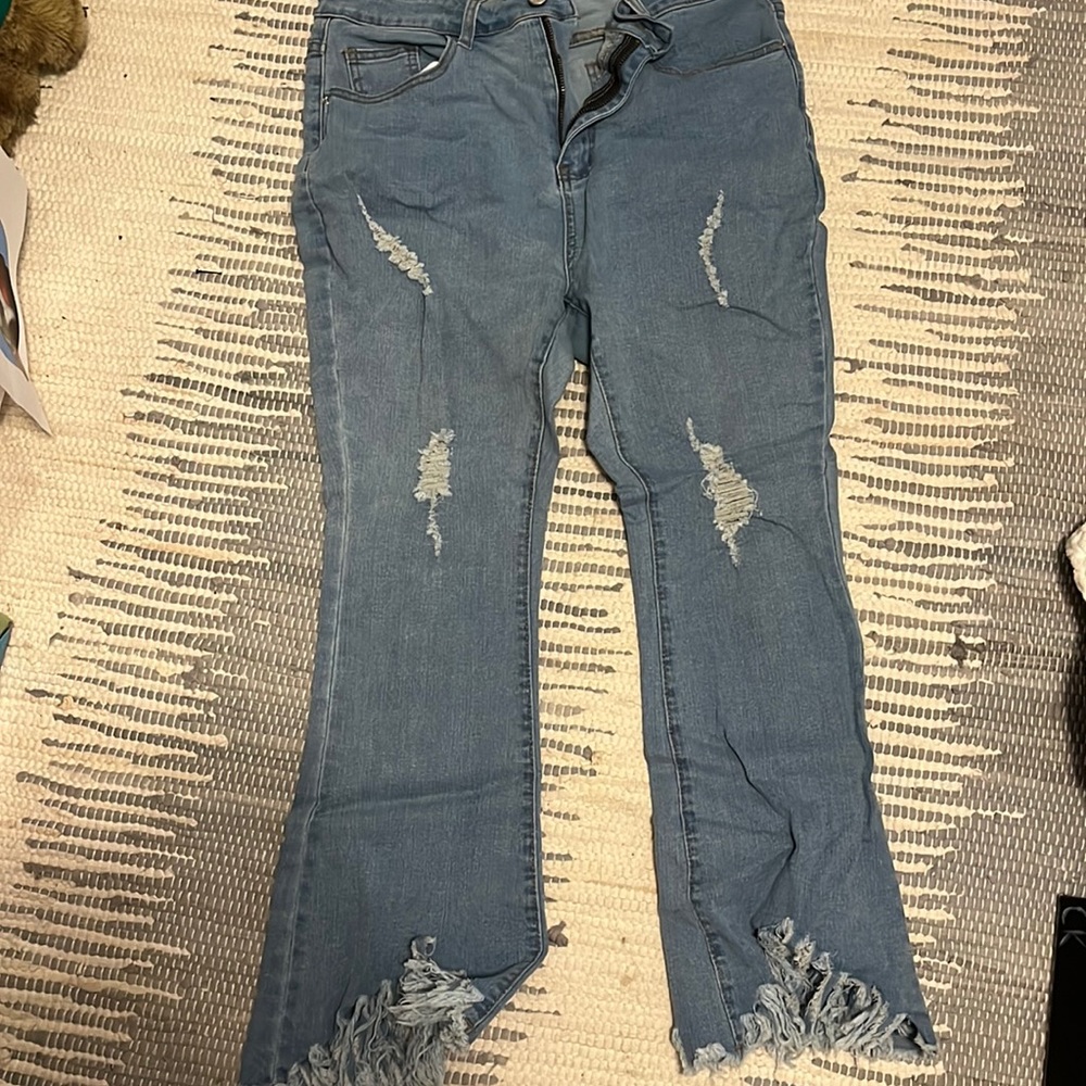 Shein x SRV Plus Ripped Fringe Hem Flare Leg Jeans